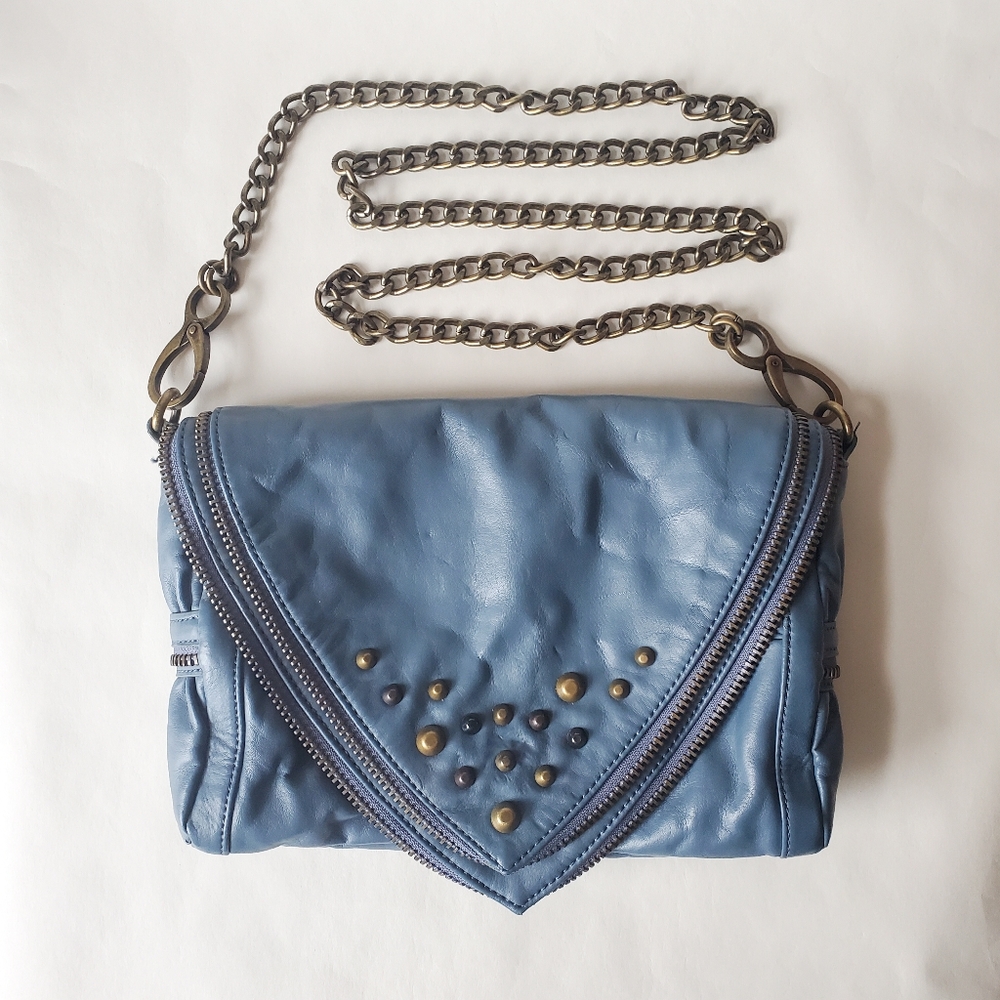 Matt & Nat Smoky Blue Crossbody Clutch Purse w Brass Studs & Zipper Detail